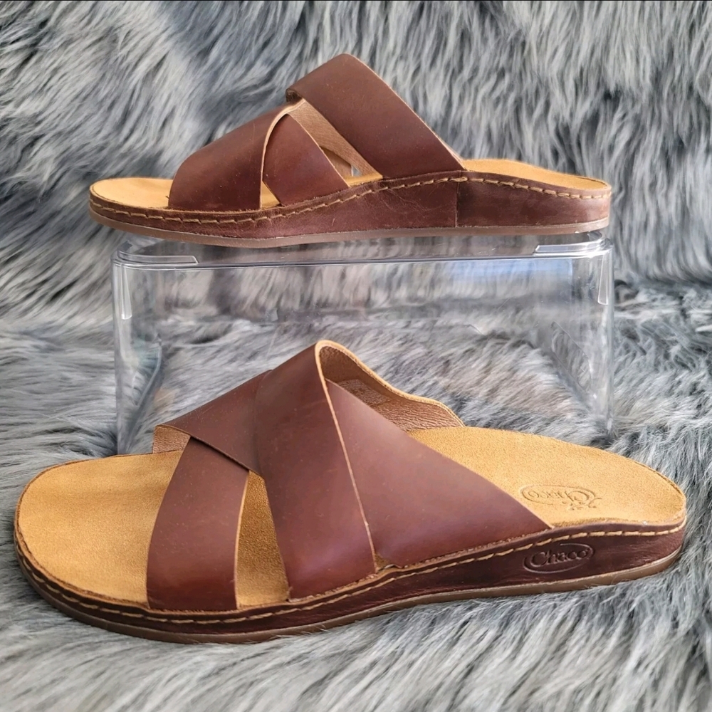 Chaco Brown Leather Cross-Strap Slide Sandals